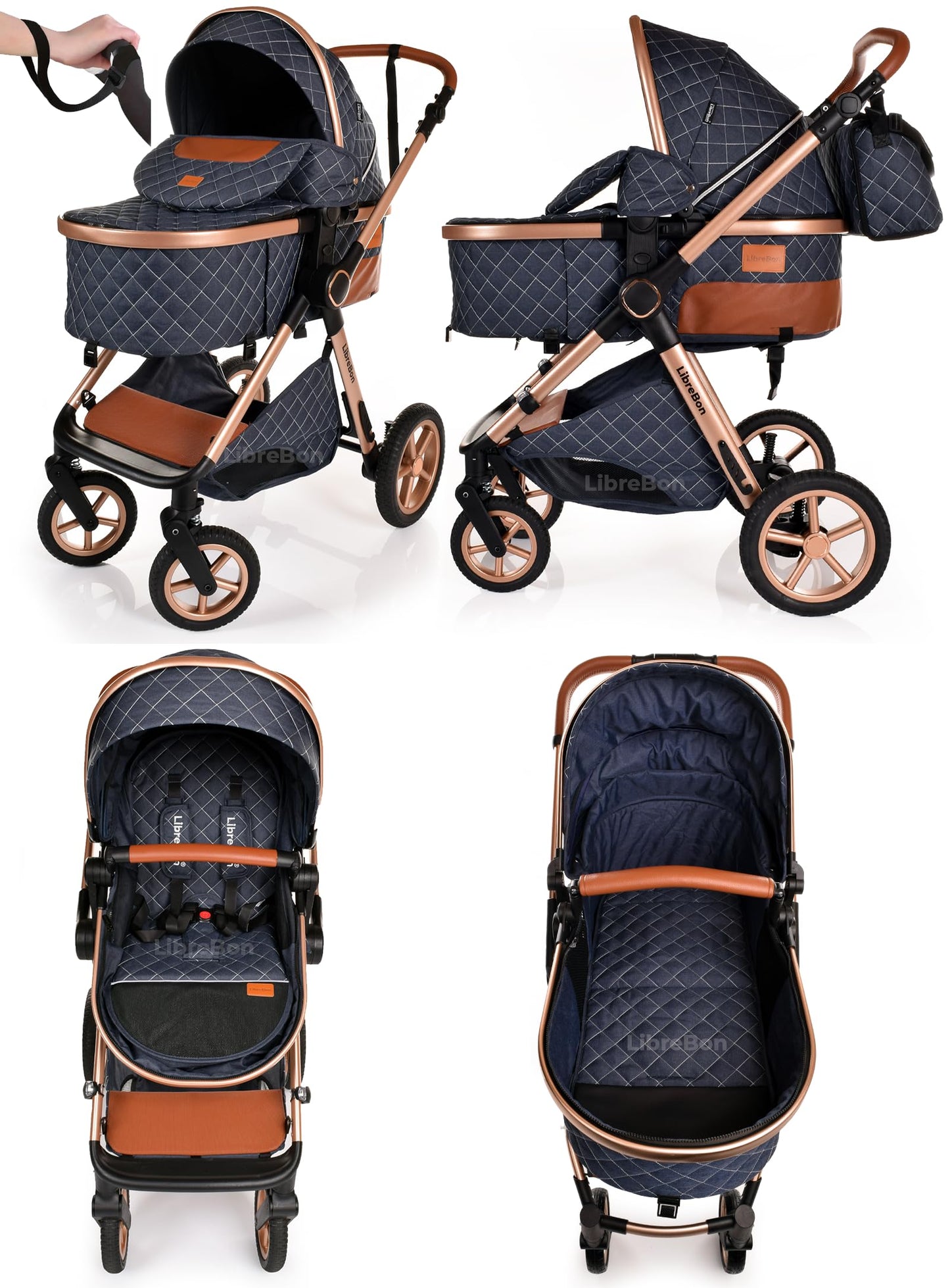 Boneelook 3-in-1 baby buggy pram and stroller with blue denim fabric, lightweight aluminum frame, foldable design for newborns and toddlers