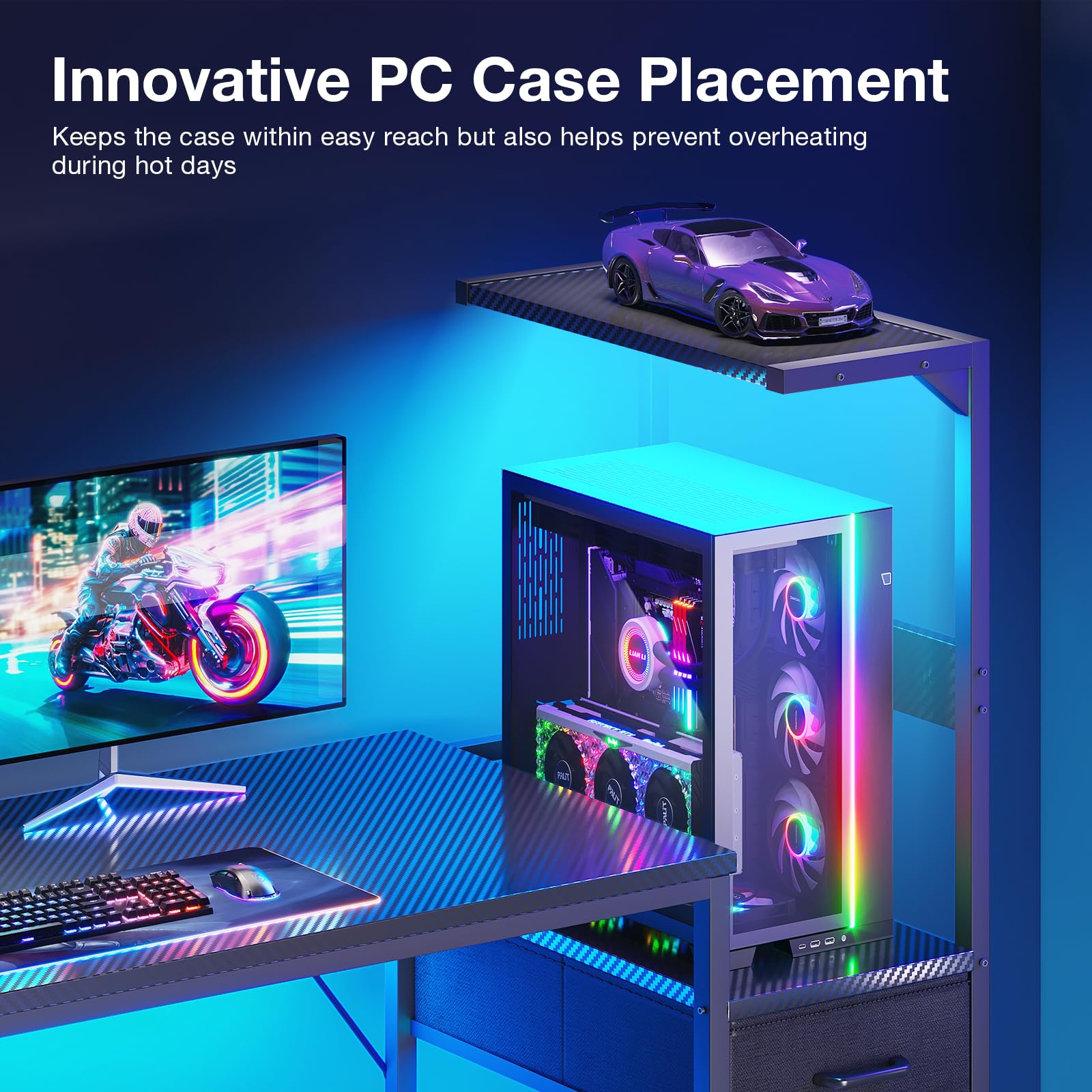 Coleshome gaming desk with LED lights, black carbon fiber finish, drawers, display shelves, headphone hook, and reversible design.