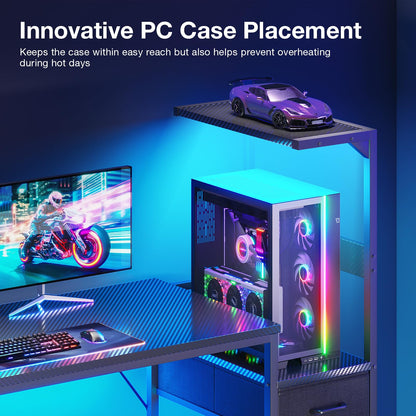 Coleshome gaming desk with LED lights, black carbon fiber finish, drawers, display shelves, headphone hook, and reversible design.