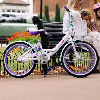 Huffy Girly Girl 20-Inch Cruiser Bike, Basket, Bell, Mudguards, Adjustable Comfort Saddle, Upright Handlebars, Single-Speed, Dual Brakes, Stylish Girls’ Bike for Ages 5-9, White & Sea Crystal