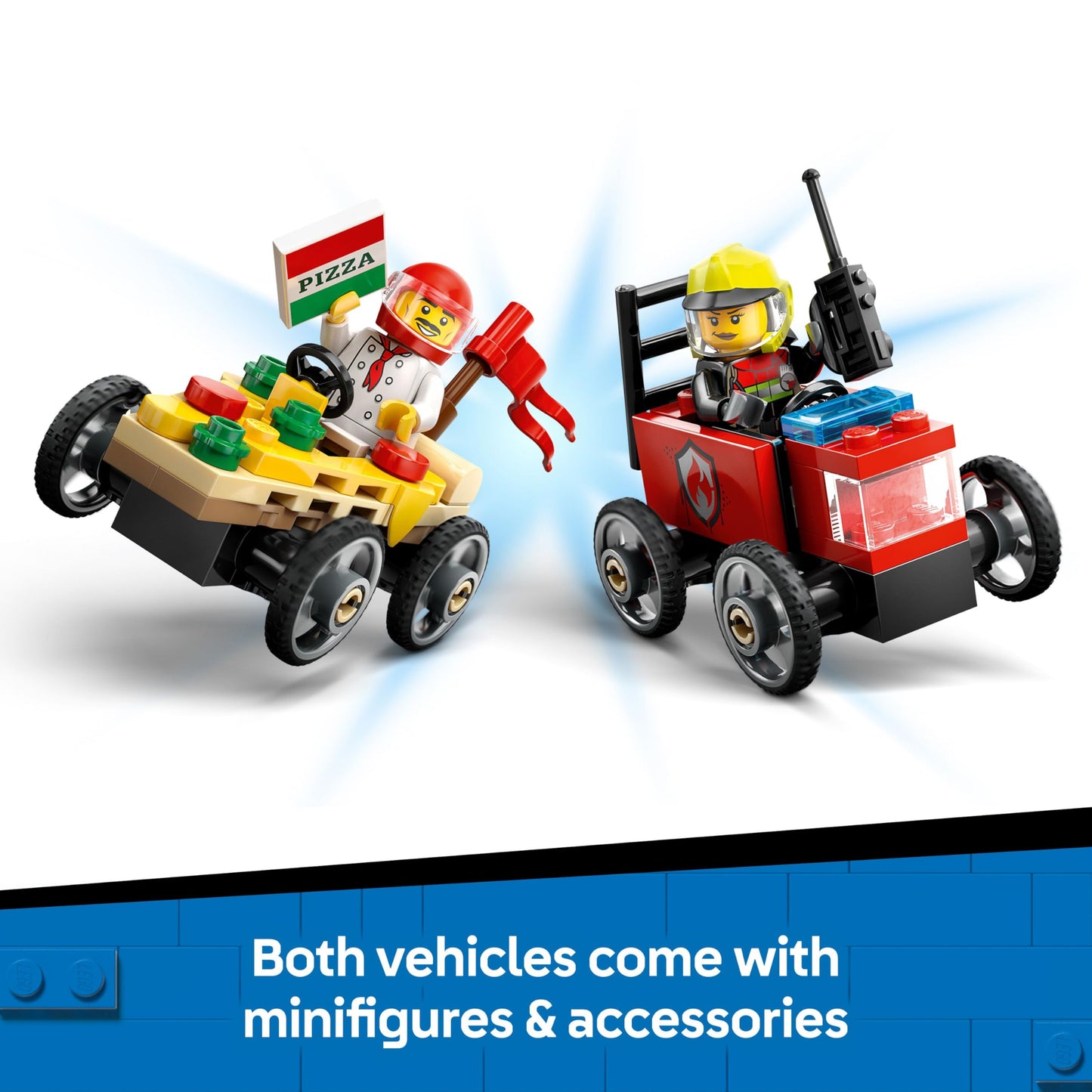 LEGO City Pizza vs. Fire Truck Race Car Pack with two minifigures and soapbox car toys for kids ages 5 and up.