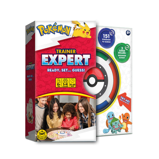 Pokémon Trainer Expert Game featuring double-sided board, designed for 1-4 players aged 6 and up, with Pokémon characters.