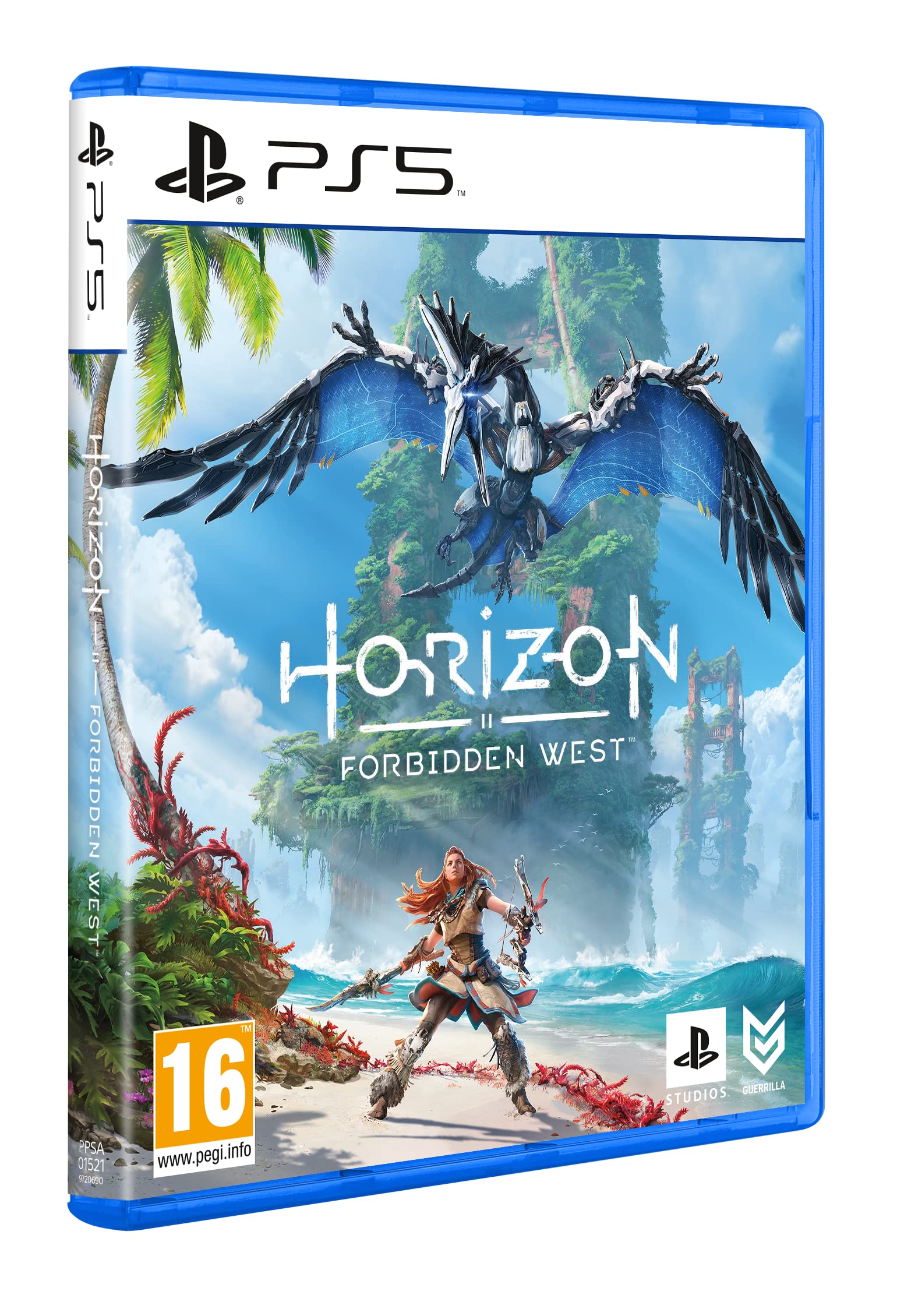 PlayStation Horizon Forbidden West for PS5 game box with artwork featuring a futuristic warrior and lush landscape background.