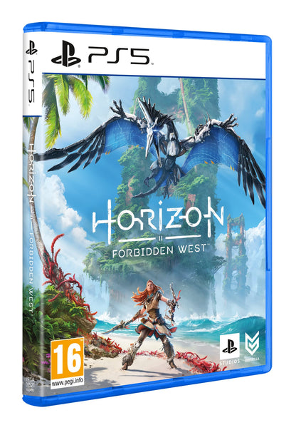 PlayStation Horizon Forbidden West for PS5 game box with artwork featuring a futuristic warrior and lush landscape background.