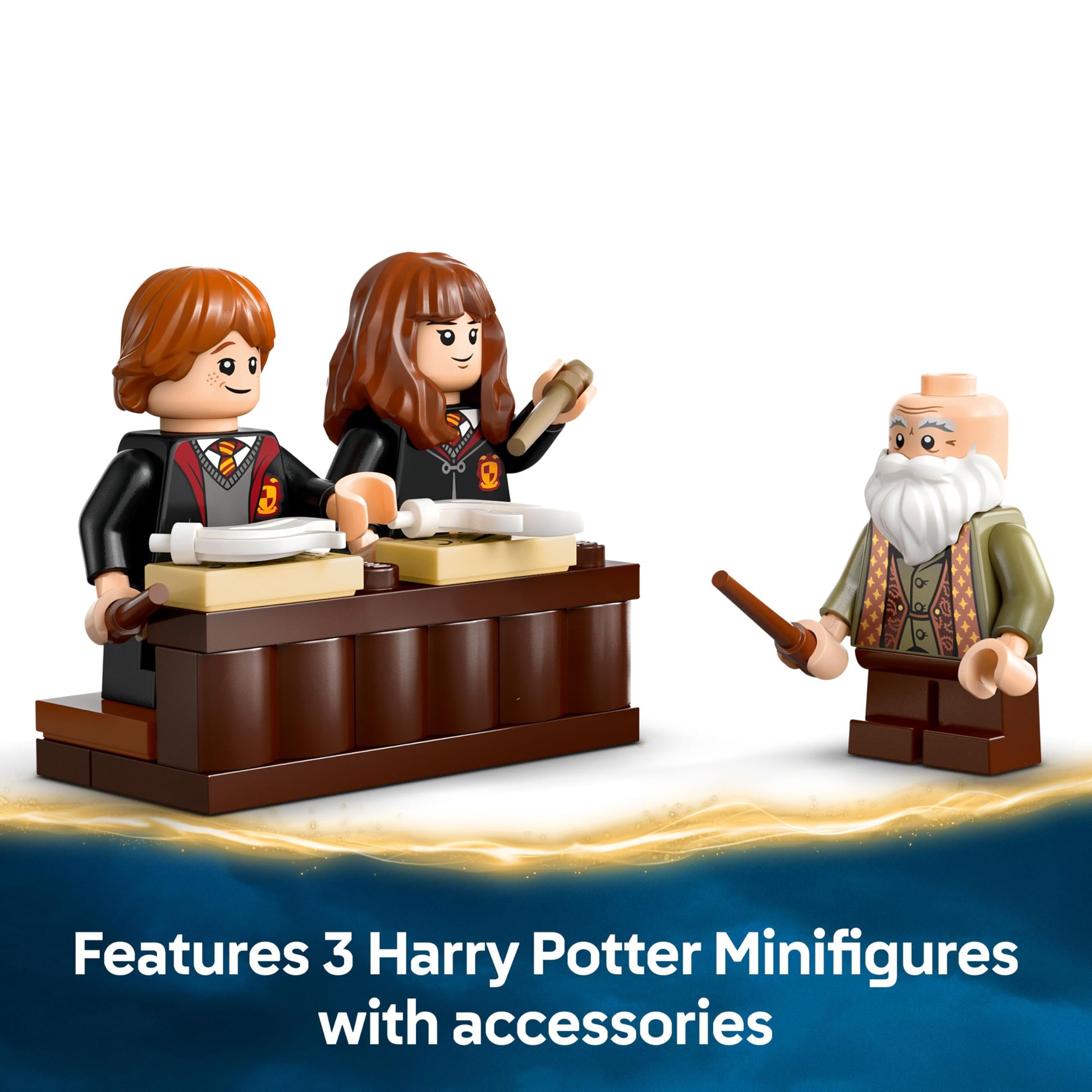 LEGO Harry Potter Hogwarts Castle Charms Class Set with Hermione Granger and Ron Weasley minifigures and levitation feature.