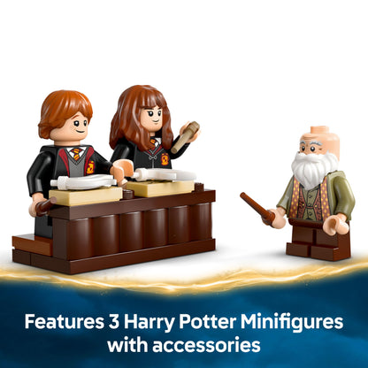 LEGO Harry Potter Hogwarts Castle Charms Class Set with Hermione Granger and Ron Weasley minifigures and levitation feature.