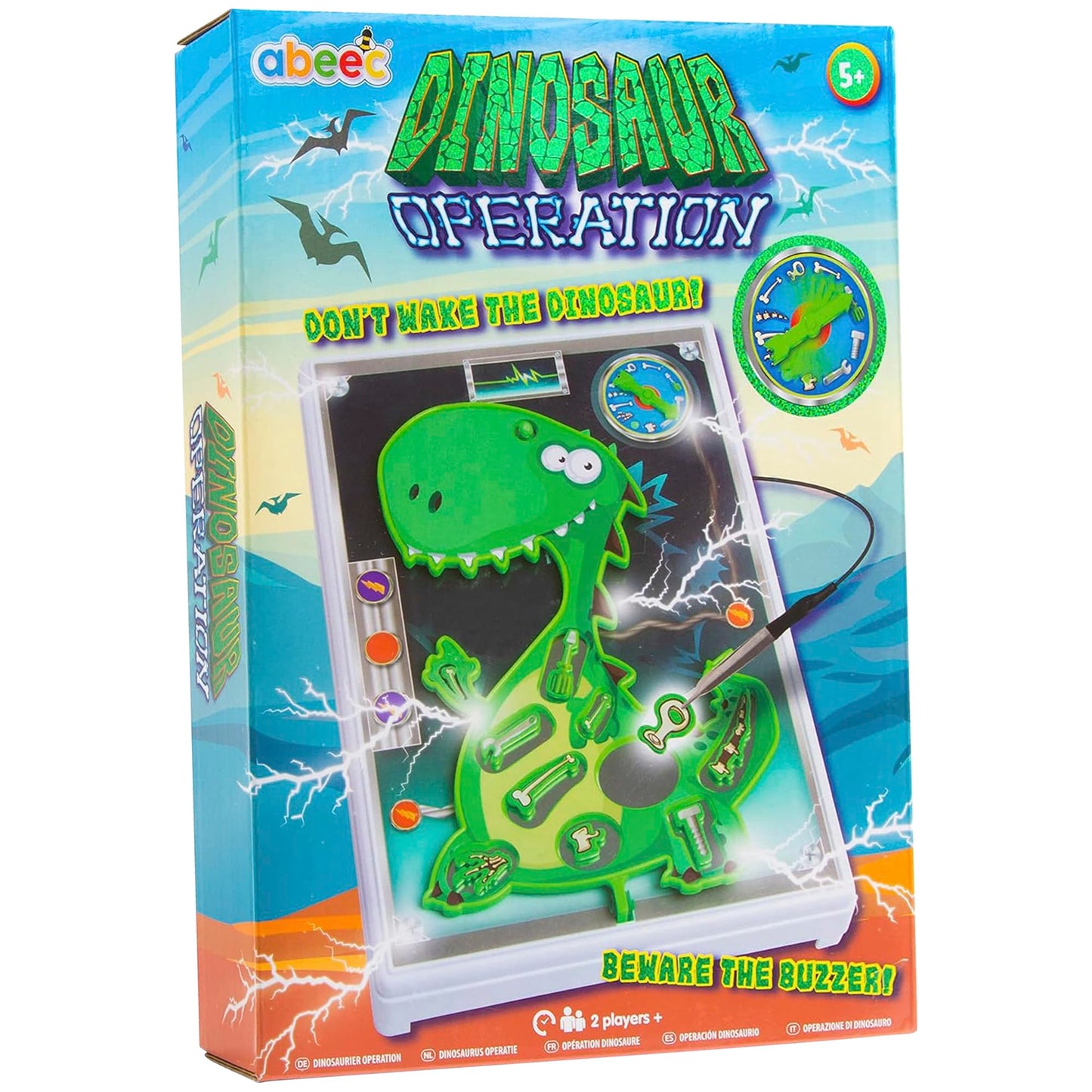 abeec Dinosaur Operation game for kids shows a colorful game set with dinosaur body parts and a buzzer, perfect for children ages 6 and up.