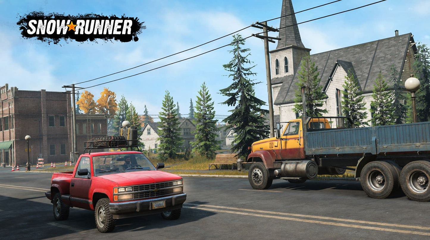 Snow Runner video game for PS5 by Focus Home Interactive, showing snow-covered vehicles and rugged terrain in an outdoor environment.
