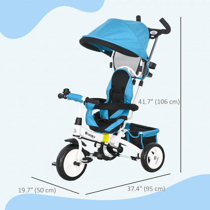 HOMCOM 6 in 1 Trike, Kids Tricycle, Pedal Push Bike w/Parent Handle, Removable Canopy, 5-Point Safety Belt, Storage, Footrest, Brake, for 1-5 Years Toddler, Blue