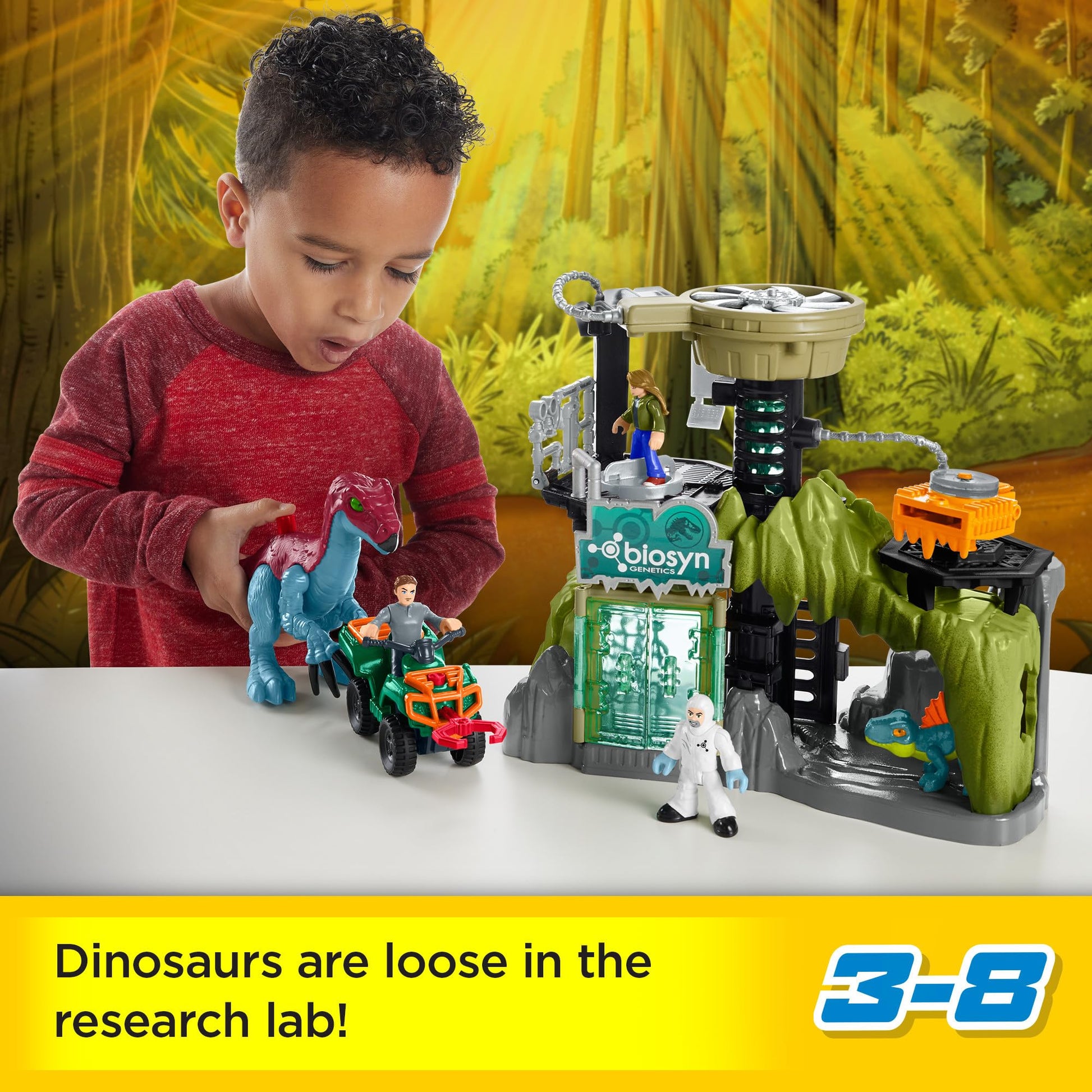 Fisher-Price Imaginext Jurassic World Dinosaur Lab playset with Owen, Maisie, Dr. Grant figures, Therizinosaurus, and Dimetrodon dinosaurs