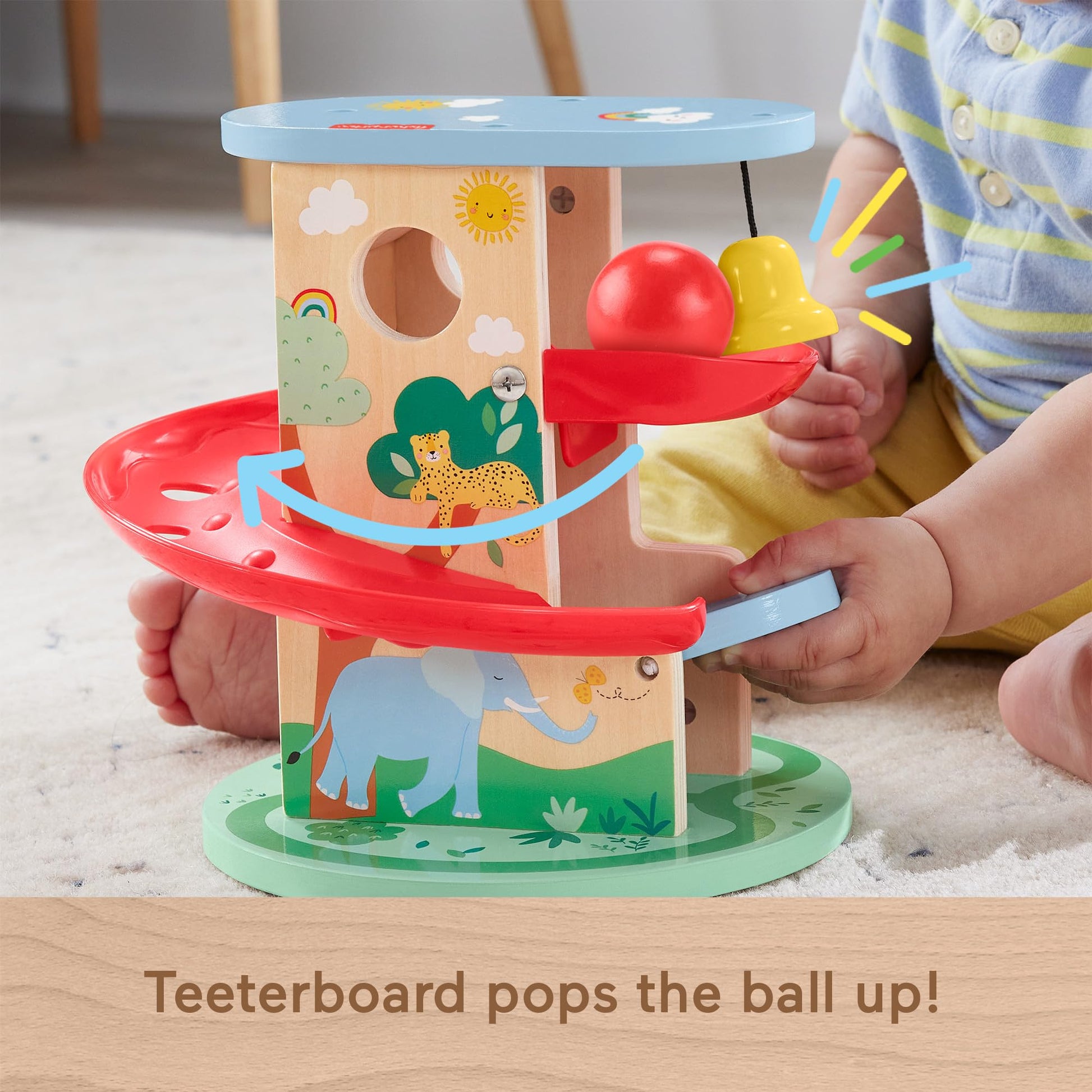 Fisher-Price Wooden Tree House Ball Run toy for babies and toddlers, includes two wooden pieces designed for infants from 9 months.