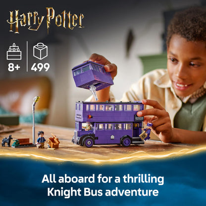 LEGO Harry Potter Knight Bus Adventure set with 5 minifigures, wands, and accessories from the Wizarding World.