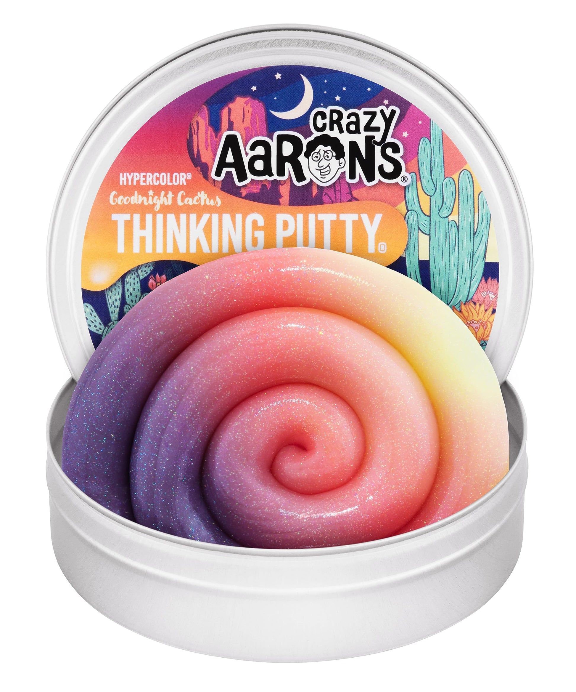 Crazy Aaron's Thinking Putty Goodnight Cactus in a 4-inch tin, multi-color sensory putty for stress relief and creative fun.