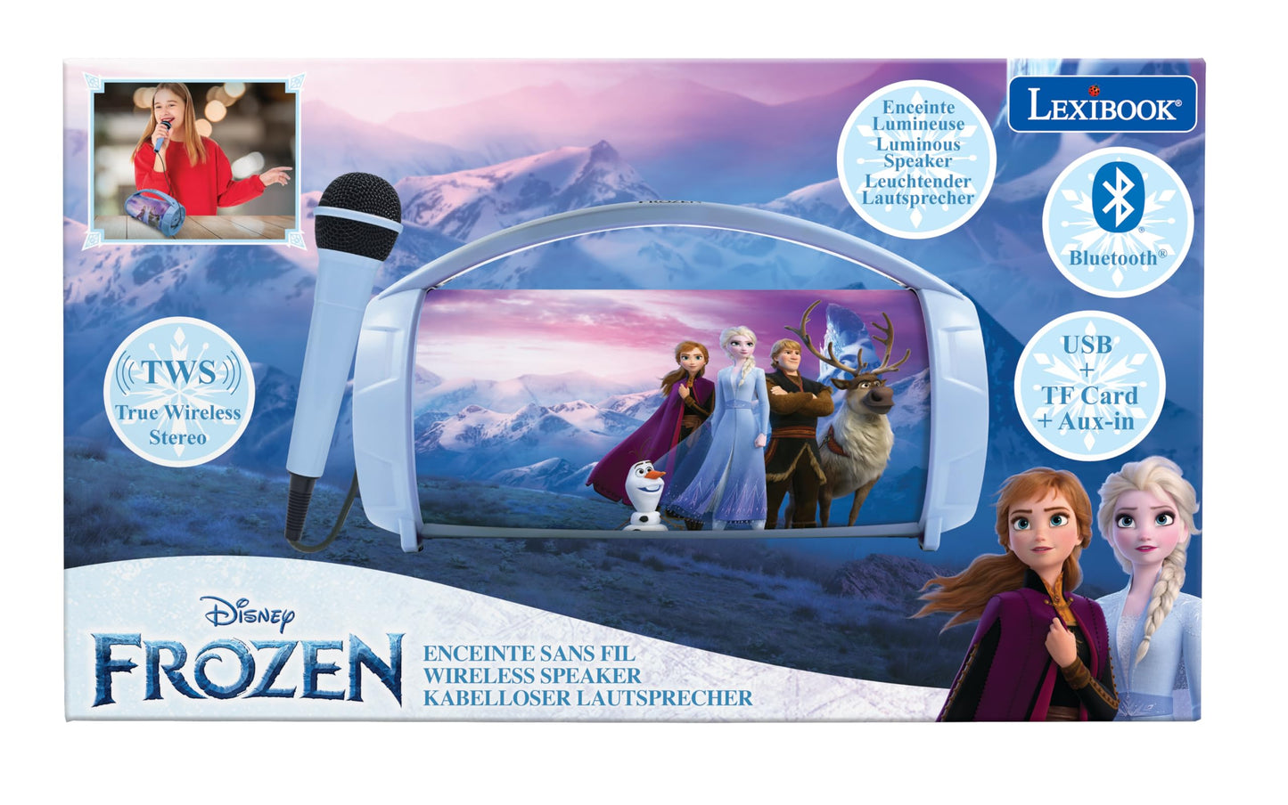 Lexibook Frozen wireless light speaker with microphone, stereo sound, karaoke, USB/SD ports, rechargeable battery, blue and purple design.