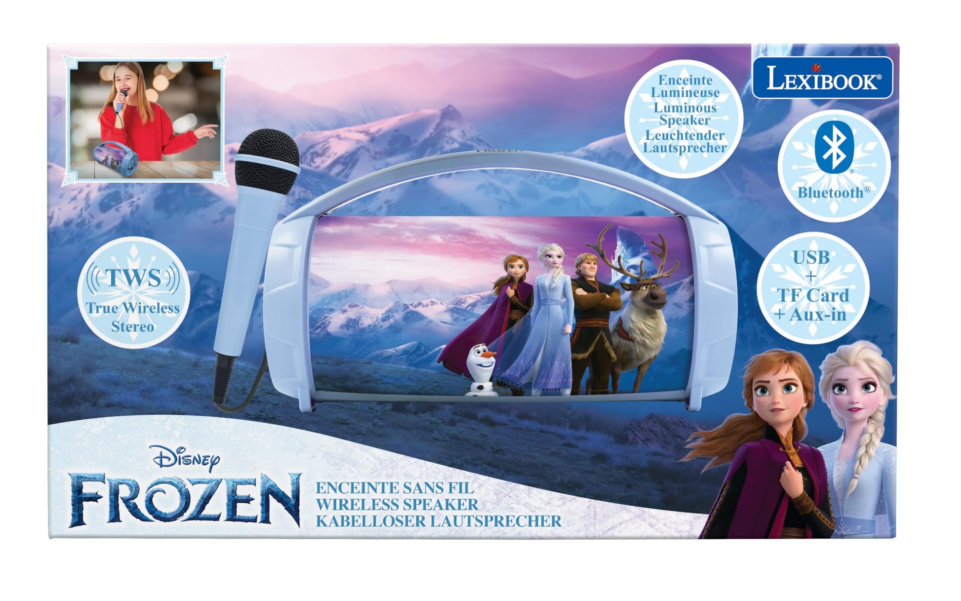 Lexibook Frozen wireless light speaker with microphone, stereo sound, karaoke, USB/SD ports, rechargeable battery, blue and purple design.