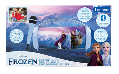 Lexibook Frozen wireless light speaker with microphone, stereo sound, karaoke, USB/SD ports, rechargeable battery, blue and purple design.