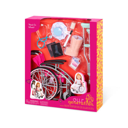 Our Generation Heals on Wheels Set featuring a wheelchair and medical accessories for 18-inch girl dolls.