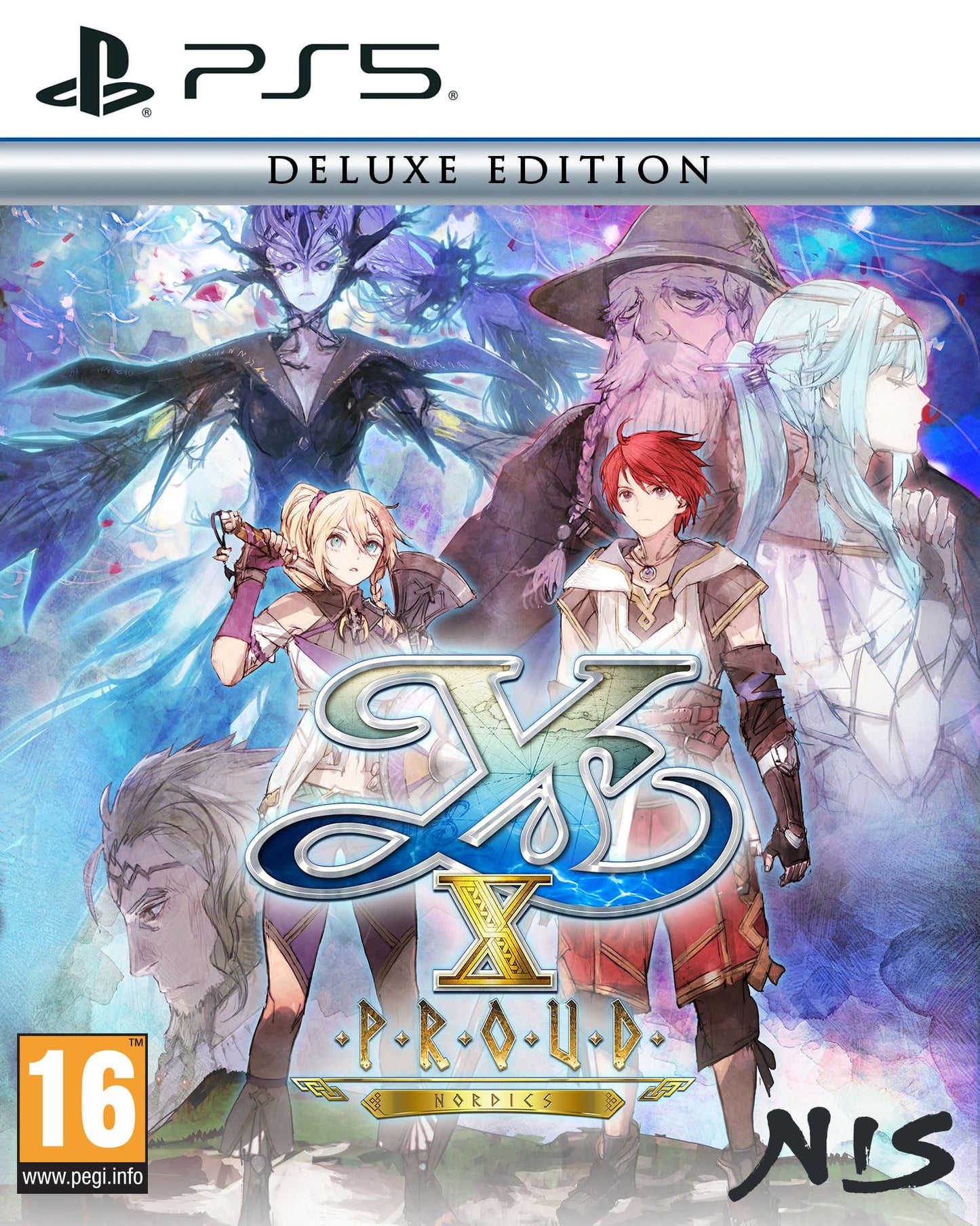 Ys X: Proud Nordics Deluxe Edition for PS5 featuring game case, artwork, and physical bonus content with NIS America branding.