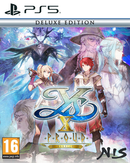 Ys X: Proud Nordics Deluxe Edition for PS5 featuring game case, artwork, and physical bonus content with NIS America branding.