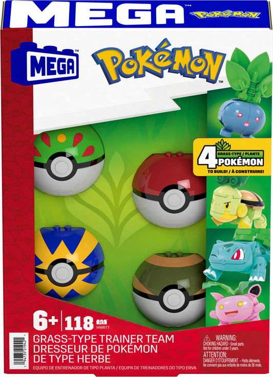Mega Brands Pokémon Building Toys set featuring Grass-Type Trainer with 4 poseable characters and 118 pieces.
