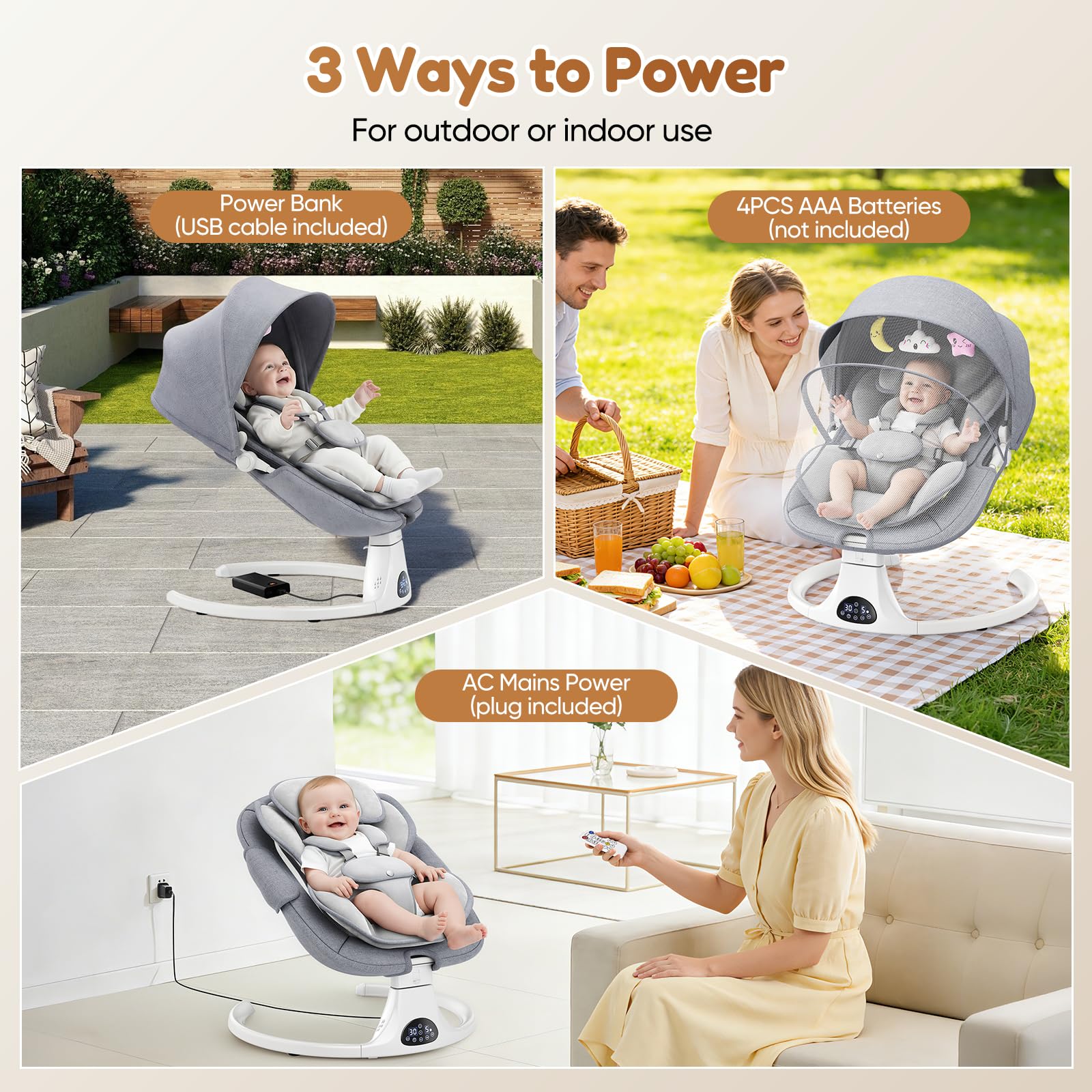 Helangel baby swing for infants and toddlers with Bluetooth music, 5-speed settings, 3-seat positions, and 5-point harness system.
