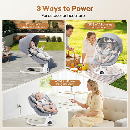 Helangel baby swing for infants and toddlers with Bluetooth music, 5-speed settings, 3-seat positions, and 5-point harness system.