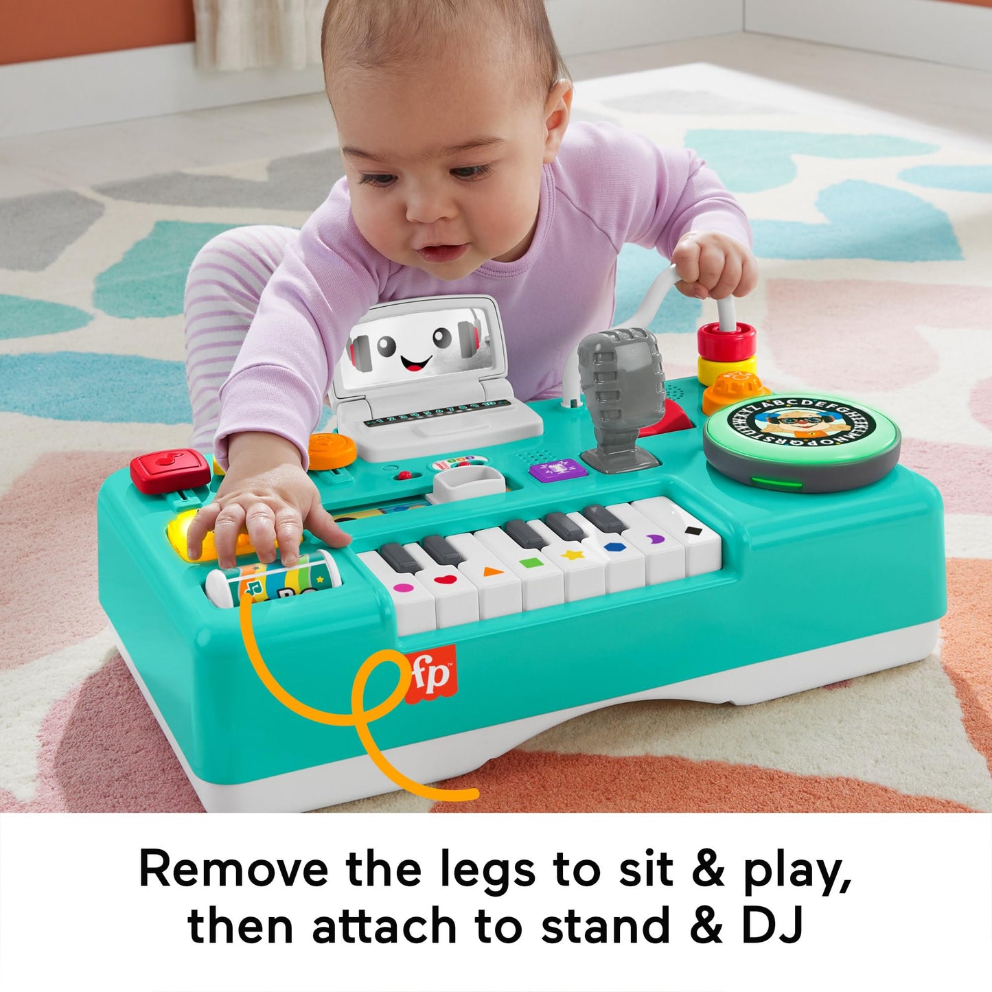 Fisher-Price Laugh & Learn Mix & Learn DJ Table for babies and toddlers with colorful lights, buttons, and musical sounds.