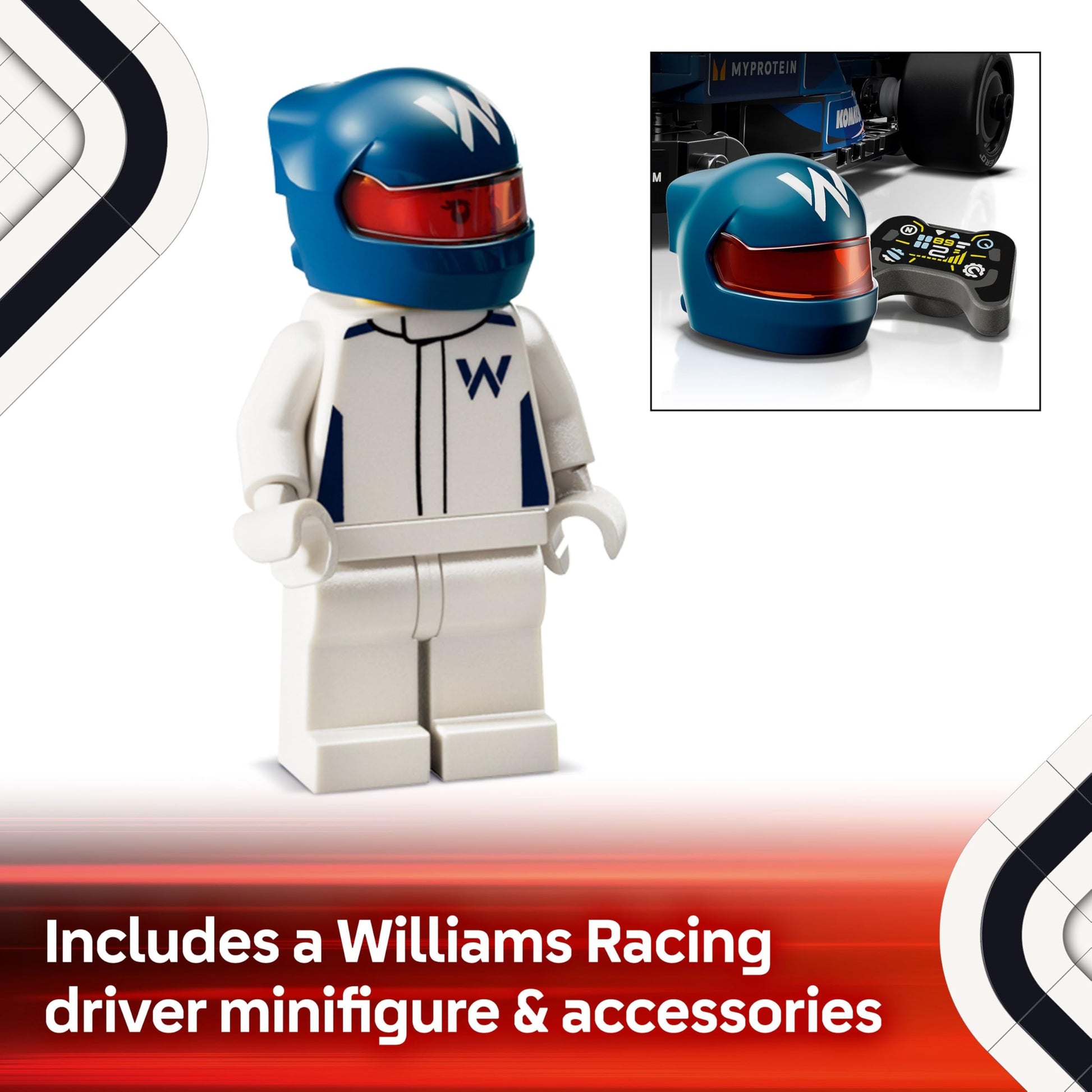 LEGO Speed Champions Williams Racing FW46 F1 car toy with collectible driver minifigure, ideal for motorsport fans.