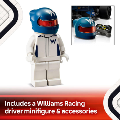 LEGO Speed Champions Williams Racing FW46 F1 car toy with collectible driver minifigure, ideal for motorsport fans.