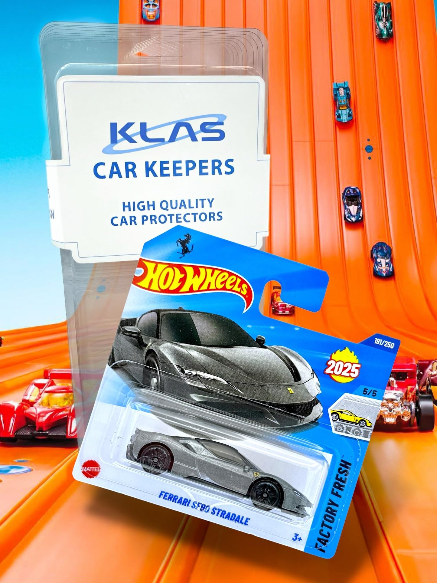 Hot Wheels Ferrari SF90 Stadale in dark metallic silver with KLAS Car Keeper protector case, displayed on a short card.