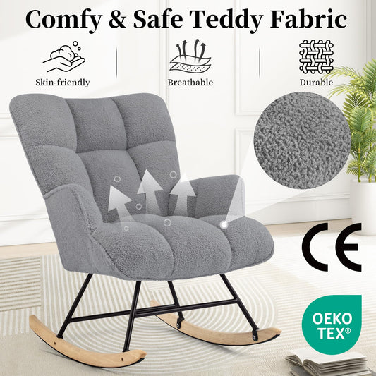 Aunekiv Rocking Chair for Nursery, Teddy Upholstered Glider Nursing Chair for Adults, Comfy Rocking Armchair Indoor for Living Room Bedroom, Darkgrey