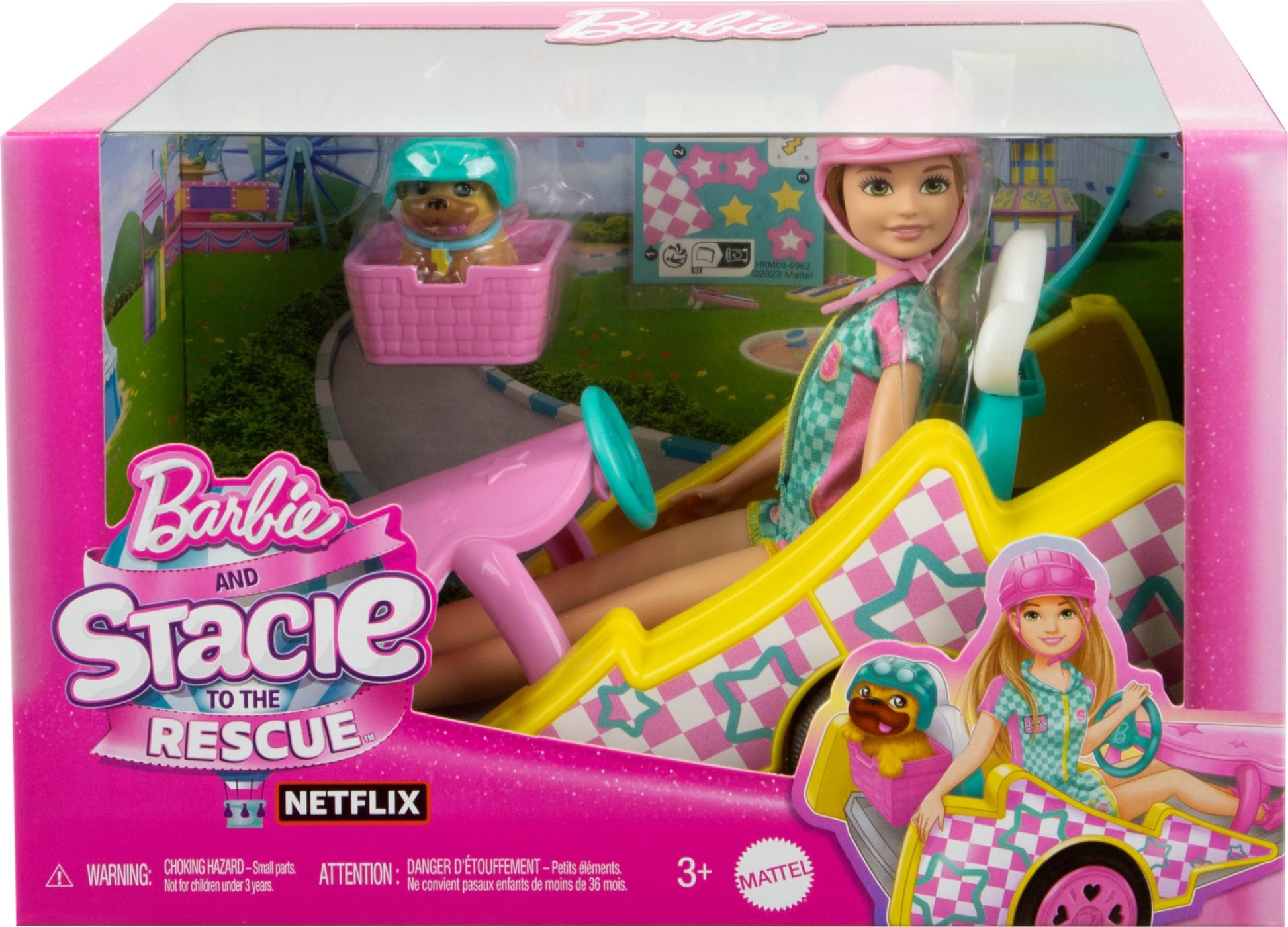 Barbie Stacie doll with go-kart, dog, accessories, and sticker sheet from the 9-piece toy set, HRM08.