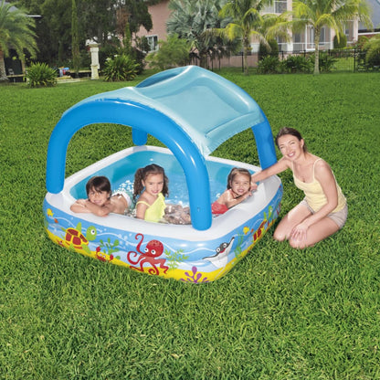 Bestway inflatable paddling pool for toddlers with shade canopy, ideal for outdoor garden play, ages 2 and up.