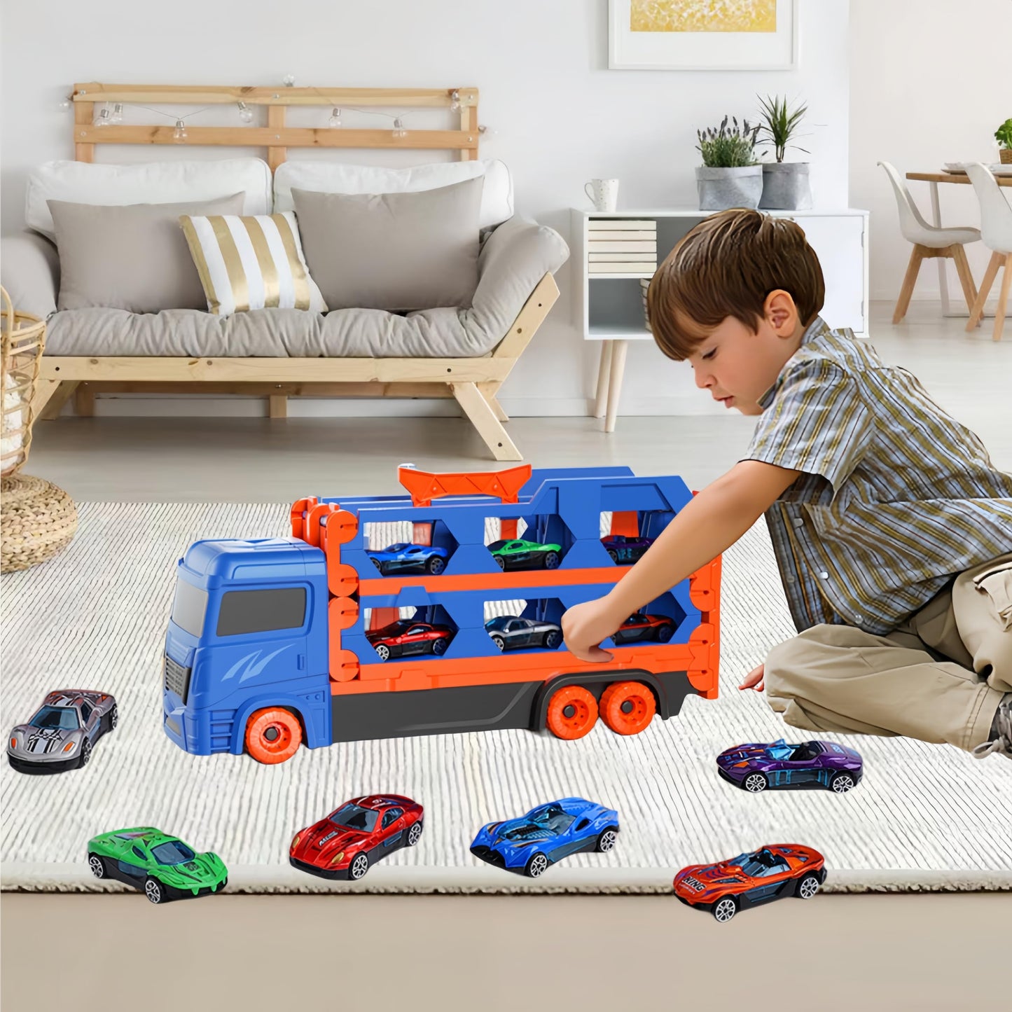 Bearbao toddler boy toys featuring a 65-inch race track with die-cast transport truck and car set for ages 2-6.