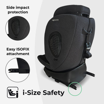 My Babiie MBCS200 360° Spin R129 Baby Car Seat – Top Tether, ISOFIX, Birth to 12yrs (40-150cm), i-Size, ERF, Group 0+/1/2/3, Rotating 360 Swivel - Black
