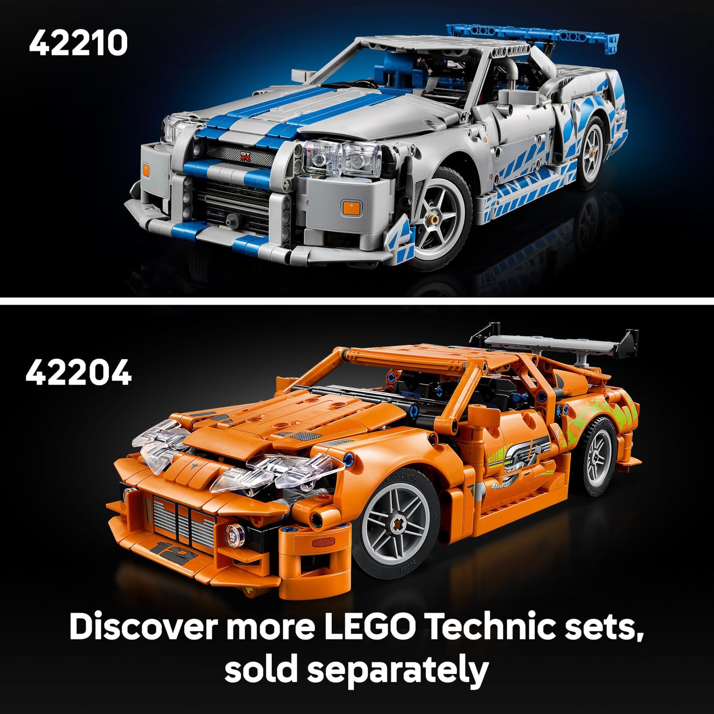 LEGO Technic Nissan Skyline GT-R (R34) model kit showcasing detailed design, drift function, and visible engine components.