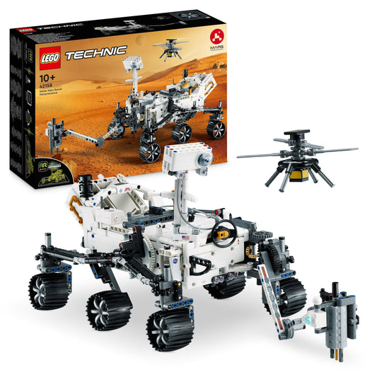 LEGO Technic NASA Mars Rover Perseverance set showcasing detailed vehicle engineering and construction for kids aged 10 and up.