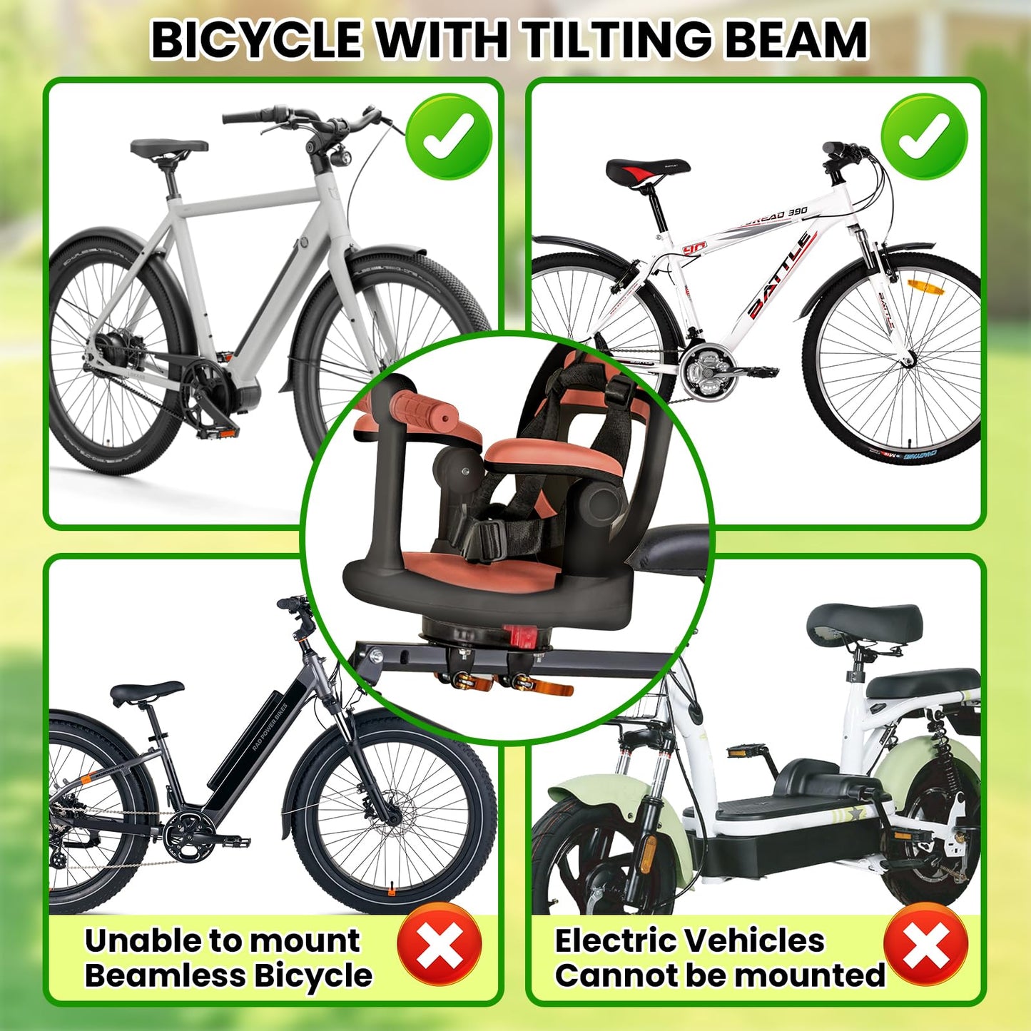 Auvstar kids bike seat for mountain bikes, front-mounted, detachable, 360° rotation, safe and comfortable for children aged 1-3.