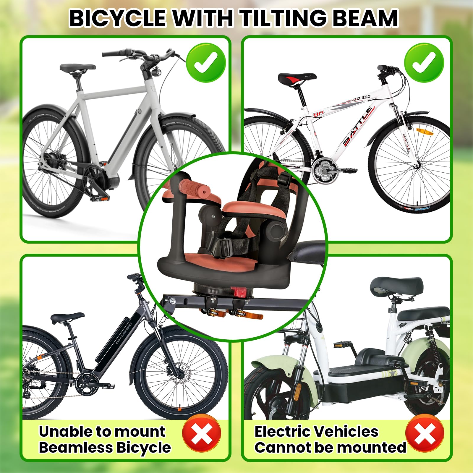 Auvstar kids bike seat for mountain bikes, front-mounted, detachable, 360° rotation, safe and comfortable for children aged 1-3.