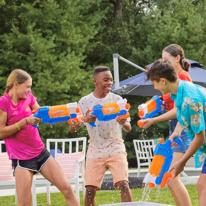 Nerf Super Soaker Flip Fill water blaster in multicolor, 887ml capacity, ideal for garden water toy fun.