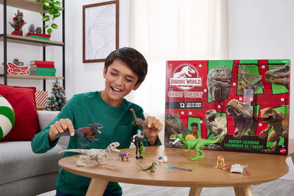 Mattel Jurassic World Chaos Theory Exclusive Advent Calendar with 12 Doors, 12 Days of Surprises, Smoothie & 8 Other Dinosaur Figures, Brooklynn Figure, JGM17