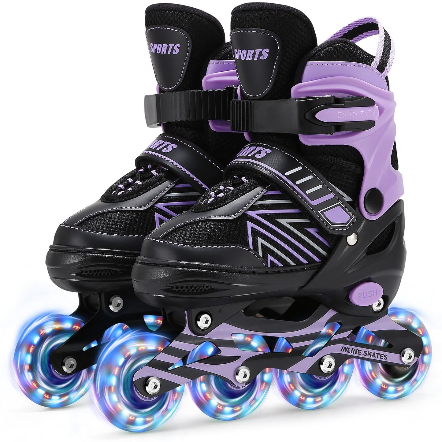 Kids Ylaide adjustable inline skates with light-up wheels for girls and boys, featuring a secure strap and colorful design.