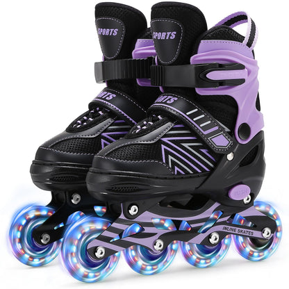 Kids Ylaide adjustable inline skates with light-up wheels for girls and boys, featuring a secure strap and colorful design.