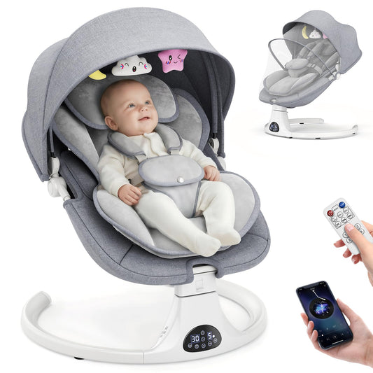 Helangel baby swing for infants and toddlers featuring 5-speed settings, 3-seat positions, Bluetooth music, and 10 melodies.