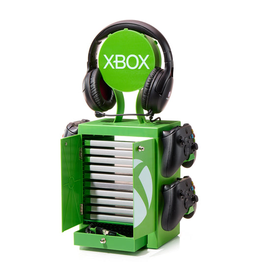 Numskull Xbox Series X gaming accessory locker holding 10 games, 4 controllers, headset, and accessories in a compact organizer.