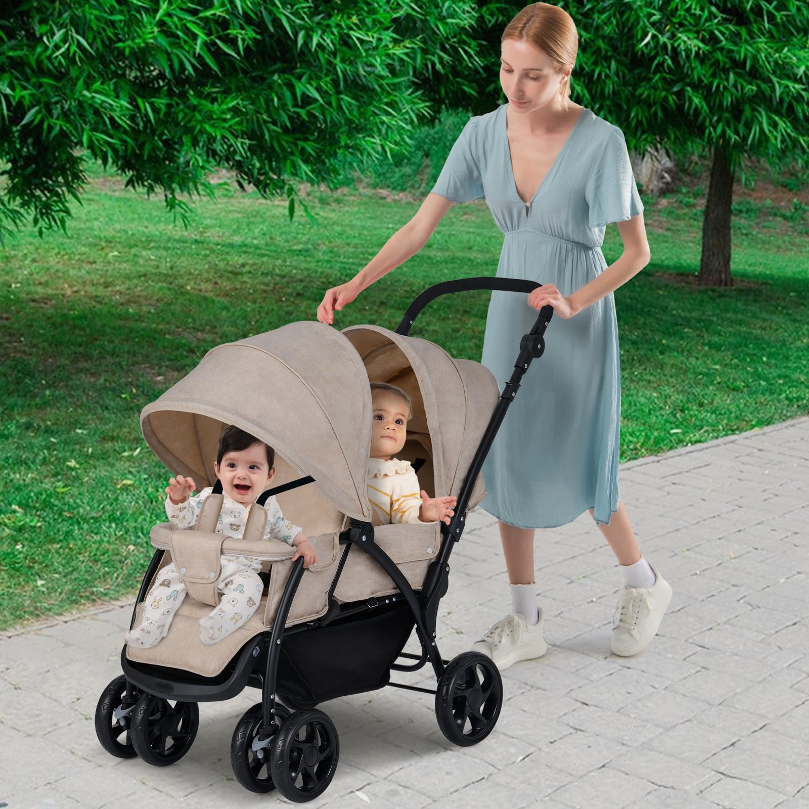COSTWAY double seat pushchair in khaki with adjustable backrests, sunshade, safety belts, and storage basket for infants to 15kg.