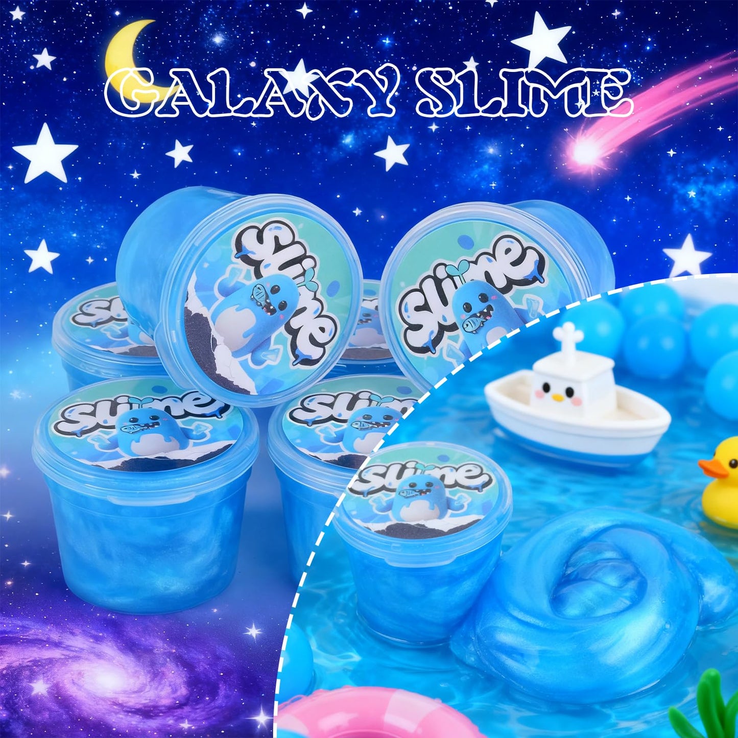 Set of 24 blue galaxy slime containers by Bretohay, glow-in-the-dark, stretchy, soft putty for kids’ party favors and classroom activities.