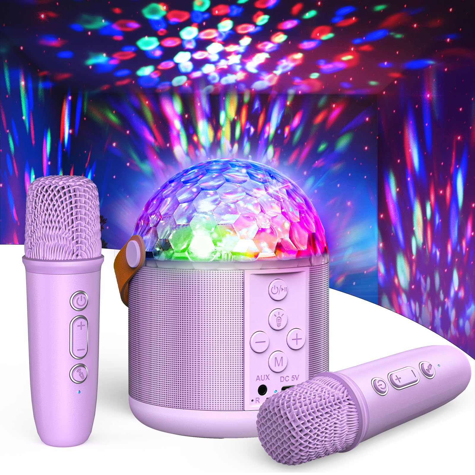 Dislocati girls birthday mini karaoke machine with two microphones, LED lights, suitable for kids and teens, perfect for parties.