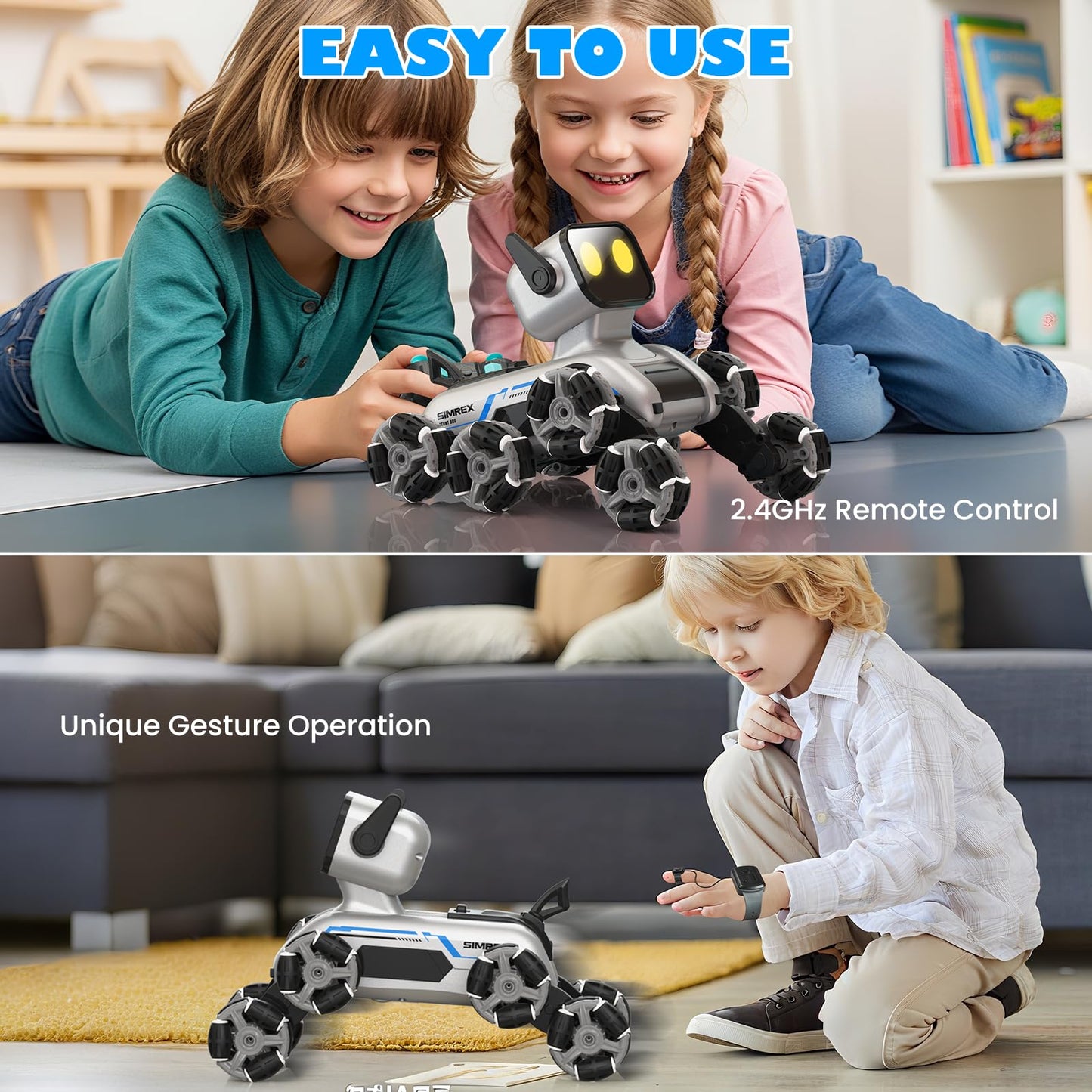 SIMREX Robot Dog RC Stunt Car Toys - Interactive Remote Control Car with Gesture Control & Mecanum Wheels, LED Eyes, 3 Sound Effects, Birthday Gift for Kids Boys Girls Ages 6+