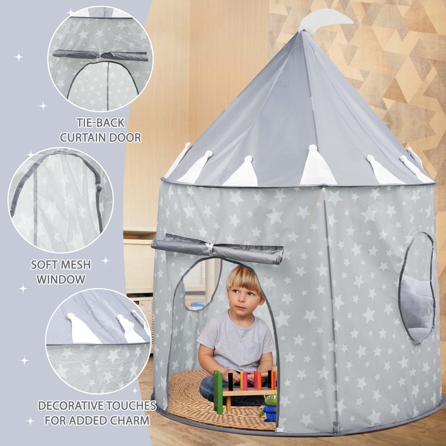 Grey Crystals Kids Pop Up Play Tent designed as a princess castle playhouse for children, foldable and easy to set up sensory toy.